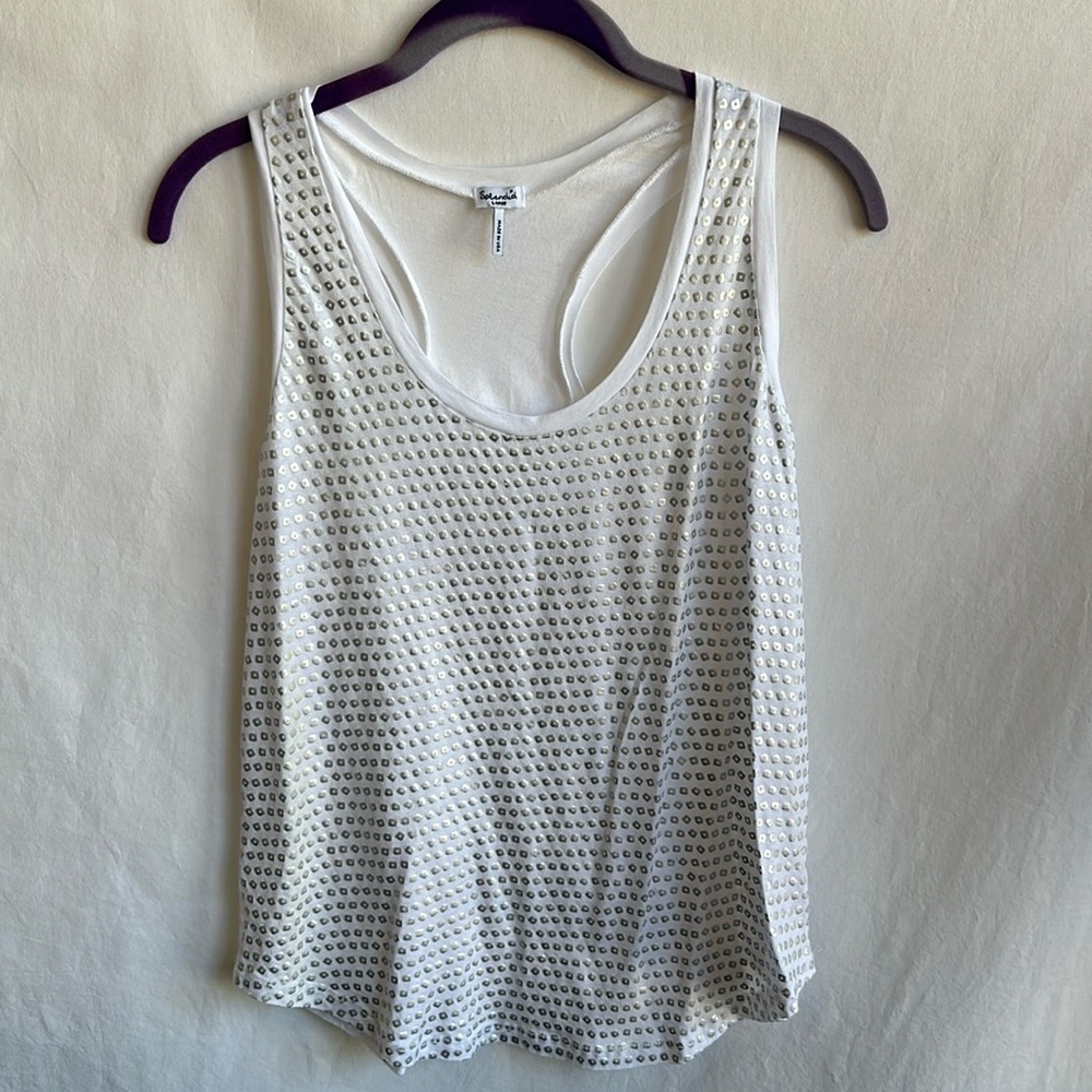 Splendid white racerback tank top with shiny silver squares, size L